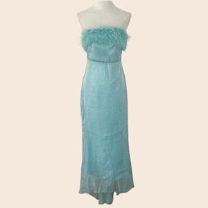 Vintage Turquoise Blue Formal Maxi Dress with Sparkles,Train, and Feathers
